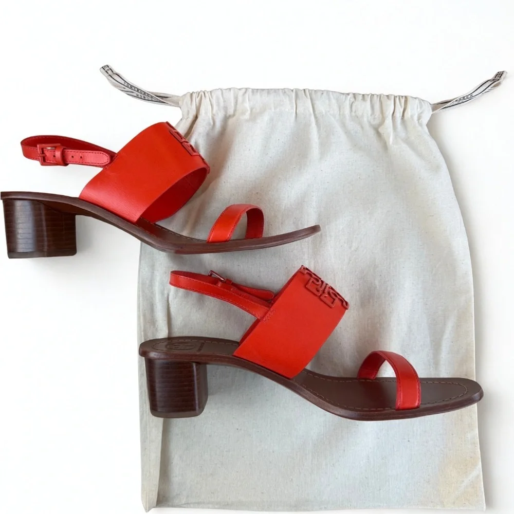 NWOB TORY BURCH Double T City Sandal Red Leather Block Heel 11M + Dust Bag - Picture 5 of 7
